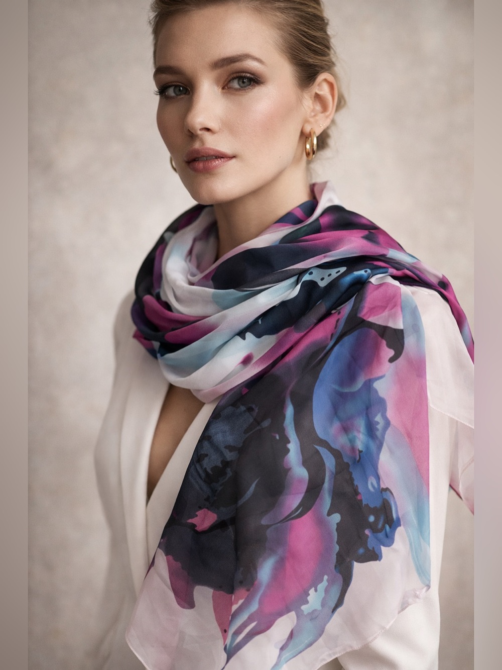 Large Women’s Silk Watercolor Abstract Scarf in Pink & Blue Coastal Chic Artsy